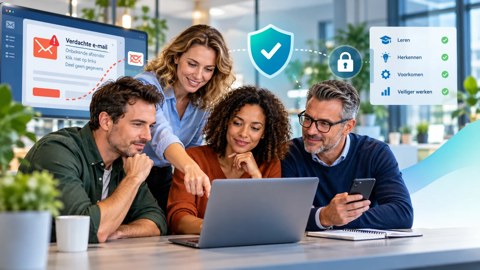 Medewerkers bekijken samen een verdachte e-mail op een laptop